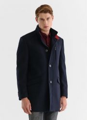 PAKO LORENTE – Granatowy płaszcz męski z podwójnym kołnierzem. Niebieskie kurtki męskie Pako Lorente, m, bez wzorów, z wełny, eleganckie, bez kaptura. Za 399.99 zł.
