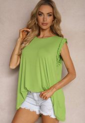Jasnozielony Casualowy Top z Wiskozy Ozdobiony Falbanką przy Ramionach Dimrie. Zielone bluzki damskie Renee, na lato, l, bez wzorów, z materiału, bez kołnierzyka, bez ramiączek. Za 39.99 zł.