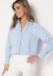 Niebieska Koszula z Koronkową Lamówką Latorena. Niebieskie bluzki damskie Born2be, l, bez wzorów, z koronki, eleganckie, bez kołnierzyka, bez ramiączek. Za 74.99 zł.