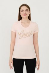 GUESS Różowy damski t-shirt Script, Rozmiar XL. Czerwone t-shirty damskie Guess, xl, z aplikacjami, bez kołnierzyka. W wyprzedaży za 164.99 zł.