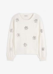 Sweter. Białe swetry damskie bonprix, bez wzorów, eleganckie, bez kołnierzyka, bez ramiączek, krótkie, bez kaptura. Za 124.99 zł.