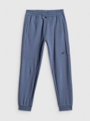 4F Spodnie dresowe joggery chłopięce - niebieskie 134 (8-9 lat). Niebieskie spodnie sportowe dla chłopców 4f, bez wzorów, z dresówki, do biegania. Za 99.99 zł.