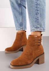 Brązowe Botki na Słupku z Trzema Paseczkami z Klamerkami Ivenitha. Brązowe botki damskie Renee, z jeansu, eleganckie, bez obcasa, na obcasie, bez zapięcia. Za 129.99 zł.