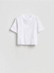 T-shirt z bawełną - biały. Białe t-shirty damskie Reserved, l, bez wzorów, z bawełny, klasyczne, bez kołnierzyka. Za 59.99 zł.