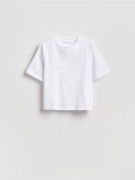 T-shirt z bawełną - biały. Białe t-shirty damskie Reserved, l, bez wzorów, z bawełny, klasyczne, bez kołnierzyka. Za 59.99 zł.