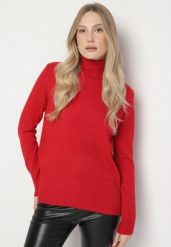 Czerwony Casualowy Golf z Wełną o Prostym Kroju Reiselia. Czerwone kardigany damskie Born2be, uniwersalny, bez wzorów, z bawełny. Za 69.99 zł.
