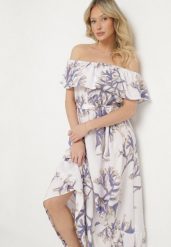 Niebiesko-Biała Sukienka Hiszpanka o Rozkloszowanym Kroju z Wiązanym Paskiem Sesiniela. Niebieskie sukienki damskie Born2be, na co dzień, l, bez wzorów, eleganckie, bez kołnierzyka, bez ramiączek, rozkloszowane. Za 69.99 zł.