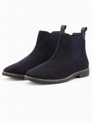 Buty męskie skórzane sztyblety - granatowe V3. Niebieskie botki męskie Ombre Clothing, bez wzorów, z gumy, eleganckie, bez zapięcia. W wyprzedaży za 99.99 zł.