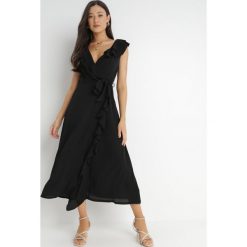 Czarna Sukienka Mellothee. Czarne sukienki damskie Born2be, na imprezę, m, bez wzorów, z materiału, eleganckie, bez kołnierzyka, bez ramiączek, midi, kopertowe. Za 139.99 zł.