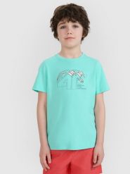 4F T-shirt regular z nadrukiem chłopięcy - turkusowy 146 (10-11 lat). Niebieskie t-shirty dla chłopców 4f, bez wzorów, z bawełny, bez ramiączek. W wyprzedaży za 29.99 zł.