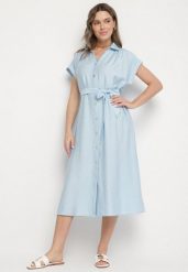 Niebieska Wiskozowa Sukienka Koszulowa z Paskiem Rinaruna. Niebieskie sukienki damskie Born2be, na co dzień, l, bez wzorów, z wiskozy, eleganckie, bez kołnierzyka, bez ramiączek, midi, koszulowe. Za 89.99 zł.