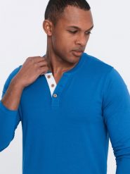 Longsleeve męski z guzikami przy dekolcie - niebieski V2 - Rozmiar: S. Niebieskie bluzki z długim rękawem męskie Ombre Clothing, m, z aplikacjami, z bawełny, casualowe, bez kołnierzyka. W wyprzedaży za 89.99 zł.