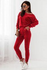 Welurowy Komplet Bluza i Spodnie - Czerwony. Czerwone bluzki damskie Ivon, l, bez wzorów, z materiału, bez kaptura. Za 279.90 zł.