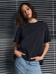 Koszulka - granatowy. Niebieskie t-shirty damskie Sinsay, l, bez wzorów, z bawełny, bez kołnierzyka. W wyprzedaży za 17.99 zł.