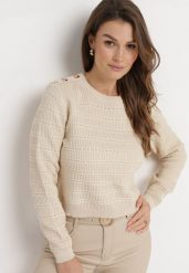Beżowy Klasyczny Sweter z Napami Tavai. Brązowe swetry damskie Born2be, bez wzorów, klasyczne, bez kołnierzyka, bez ramiączek, długie, bez kaptura. Za 119.99 zł.