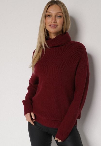 Bordowy Golf o Klasycznym Kroju z Kaszmirem Azifra. Czerwone swetry damskie Born2be, uniwersalny, bez wzorów, z jeansu, biznesowe, bez kołnierzyka, bez ramiączek, bez kaptura. Za 139.99 zł.
