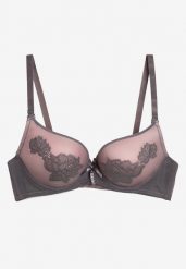 Szaro-Różowy Biustonosz Push Up Ozdobiony Kwiatowym Wzorem i Kokardką Amaril. Szare biustonosze Renee, bez wzorów. Za 34.99 zł.