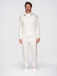 Dresowy komplet męski set bluza ze stójką + spodnie joggery - ecru V2 - Rozmiar: S. Brązowe bluzy męskie Ombre Clothing, m, bez wzorów, z dresówki, bez kaptura. Za 349.99 zł.