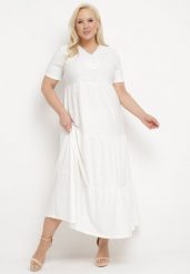 Biała Rozkloszowana Sukienka z Krótkim Rękawem i Ozdobnymi Haftami Guletta. Białe sukienki damskie Born2be, na imprezę, plus size, bez wzorów, bez kołnierzyka, plus size, bez ramiączek, maxi, rozkloszowane. Za 54.99 zł.