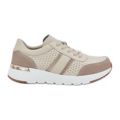 Skórzane Lekkie Sneakersy Buty Sportowe Damskie Beżowe beżowy. Brązowe obuwie sportowe damskie bez wzorów, ze skóry. Za 267.69 zł.