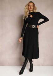 Czarna Rozkloszowana Spódnica Midi ze Sweterkowego Tłoczonego Materiału i Gumką w Pasie Tuilera. Czarne spódnice damskie Renee, l, bez wzorów, midi, rozkloszowane. Za 79.99 zł.
