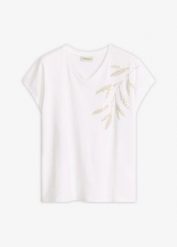 T-shirt z bawełny organcznej. Białe bluzki damskie bonprix, z aplikacjami, z bawełny, bez kołnierzyka, bez ramiączek. Za 67.99 zł.