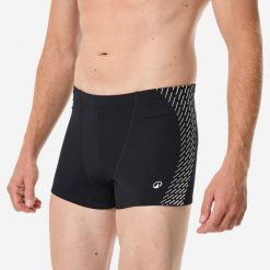 Bokserki pływackie męskie Decathlon Fiti. Czarne kąpielówki męskie Decathlon, m, bez wzorów, z elastanu, na fitness i siłownię. Za 39.99 zł.