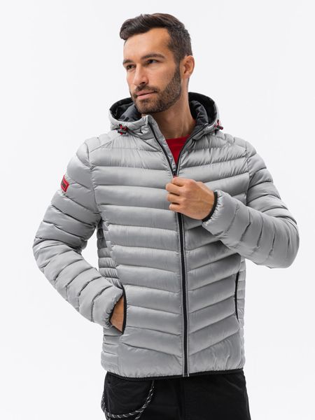 Sportowa pikowana męska kurtka o satynowym wykończeniu – szara V17. Szare kurtki męskie Ombre Clothing, m, z aplikacjami, z materiału. W wyprzedaży za 139.99 zł.