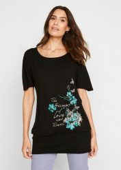 Shirt z dekoltem w łódkę, krótki rękaw. Czarne bluzki damskie bonprix, bez wzorów, bez kołnierzyka, bez ramiączek. Za 82.99 zł.