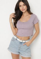 Fioletowy Bawełniany T-shirt o Dopasowanym Kroju z Guzikami Filareina. Fioletowe bluzki damskie Born2be, l, bez wzorów, z bawełny, eleganckie, bez kołnierzyka. Za 34.99 zł.