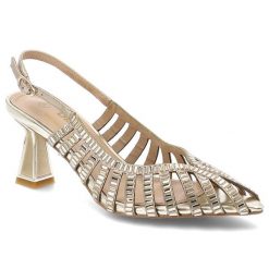 Sandały damskie S.Barski, cholewka ze skóry naturalnej z odkrytą piętą na efektownym obcasie z ażurową konstrukcją i geometrycznymi zdobieniami, złot. Żółte klapki damskie S.BARSKI, z aplikacjami, ze skóry, bez obcasa, na obcasie, bez zapięcia. Za 299.00 zł.