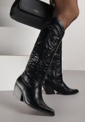 Czarne Kozaki Kowbojki na Stożkowym Obcasie Zdobione Przeszyciami Lumifera. Czarne kozaki damskie Renee, bez obcasa, na obcasie. Za 139.99 zł.