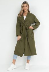 Zielony Płaszcz Oversize z Wiązanym Paskiem Ziyanna. Zielone płaszcze damskie Born2be, l, bez wzorów, z materiału, długie, bez kaptura. Za 309.99 zł.