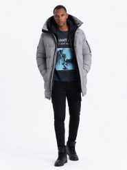Długa męska kurtka parka ze strukturalnej tkaniny – szara V2 OM-JALJ-0201 - XXL. Szare kurtki męskie Ombre Clothing, l, z aplikacjami, z gumy. W wyprzedaży za 249.99 zł.