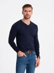 Elegancki sweter męski BASIC V-neck z wiskozą - granatowy V22 OM-SWBS-0107 (NAVY) - XXL. Niebieskie swetry przez głowę męskie Ombre Clothing, l, bez wzorów, z wiskozy, bez kołnierzyka. W wyprzedaży za 89.99 zł.