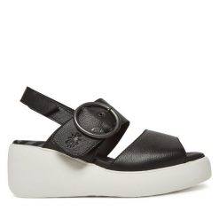 Sandały Fly London. Czarne sandały damskie Fly London, bez wzorów, bez obcasa, na koturnie, bez zapięcia. Za 399.99 zł.