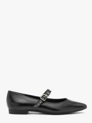 Czarne baleriny z klamrą i noskiem w szpic. Czarne baleriny damskie Ryłko, bez wzorów, ze skóry, eleganckie, bez obcasa, na szpilce. Za 349.99 zł.