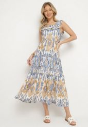 Niebieska Rozkloszowana Sukienka z Wiskozą Wiązana na Plecach w Print Boho Turielia. Niebieskie sukienki damskie Born2be, na spacer, na lato, l, bez wzorów, z wiskozy, boho, bez kołnierzyka, bez ramiączek, maxi, rozkloszowane. Za 64.99 zł.