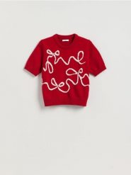 Sweter z kokardkami - czerwony. Czerwone swetry damskie Reserved, l, bez wzorów, z dzianiny, bez kołnierzyka, bez ramiączek, bez kaptura. Za 109.99 zł.