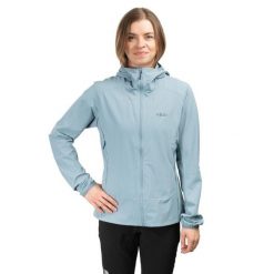 Kurtka softshell damska Borealis Hoody Women. Niebieskie kurtki sportowe damskie RAB, bez wzorów, z softshellu, z kapturem, trekkingowe. Za 539.99 zł.