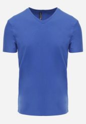 Niebieska Koszulka T-shirt z Bawełny z Dekoltem w Serek Rionisse. Niebieskie t-shirty męskie Born2be, l, bez wzorów, z bawełny, biznesowe, bez kołnierzyka. Za 49.99 zł.