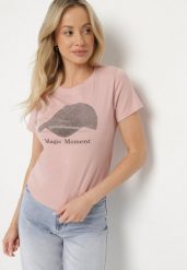 Różowy T-shirt z Bawełny z Nadrukiem Czapki i Cyrkoniami Penilna. Czerwone bluzki damskie Born2be, bez wzorów, z bawełny, klasyczne. Za 34.99 zł.