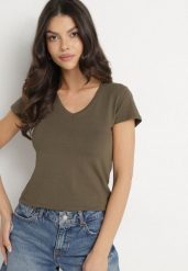 Ciemnozielony T-shirt z Bawełny z Dekoltem w Serek Liniviela. Zielone bluzki damskie Born2be, l, bez wzorów, z bawełny, bez kołnierzyka. Za 39.99 zł.