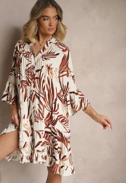 Brązowa Rozkloszowana Sukienka z Wiskozy z Falbanami z Motywem Roślinnym Ridivaria. Brązowe sukienki damskie Renee, na co dzień, l, bez wzorów, z wiskozy, eleganckie, bez kołnierzyka, bez ramiączek, mini, rozkloszowane. Za 119.99 zł.