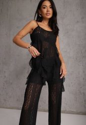 Czarny Eteryczny Komplet z Koronką i Falbankami Top i Spodnie Wide Leg Pretilaine. Czarne spodnie materiałowe damskie Renee, m, bez wzorów, z koronki. Za 119.99 zł.