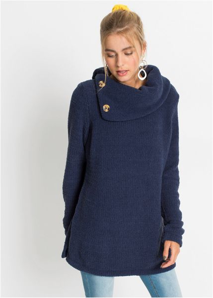 Długi sweter. Niebieskie swetry damskie bonprix, bez wzorów, bez kołnierzyka, bez ramiączek, długie, bez kaptura. Za 112.99 zł.