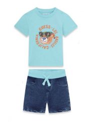 Guess Komplet t-shirt i spodenki I6GG05 K8HM4 Turkusowy Regular Fit. Niebieskie t-shirty dla chłopców Guess, z aplikacjami, z bawełny, bez ramiączek. Za 214.99 zł.