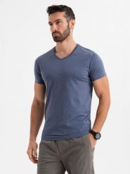 Męska klasyczna bawełniana koszulka z dekoltem w serek BASIC – niebieski melanż V18 OM-TSBS-0237 - XXL. Niebieskie t-shirty męskie Ombre Clothing, l, bez wzorów, z bawełny, klasyczne, bez kołnierzyka. W wyprzedaży za 39.99 zł.