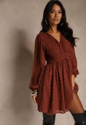Brązowa Sukienka z Tkaniny Plumeti o Rozkloszowanym Kroju z Dekoltem V Zenarela. Brązowe sukienki damskie Renee, na co dzień, l, bez wzorów, z tkaniny, eleganckie, bez kołnierzyka, bez ramiączek, mini, proste. Za 149.99 zł.