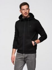 Rozpinana bluza męska z kapturem z gładkiej dzianiny - czarna V1 - Rozmiar: S. Czarne bluzy męskie Ombre Clothing, m, bez wzorów, z dzianiny, z kapturem, trekkingowe. Za 229.99 zł.